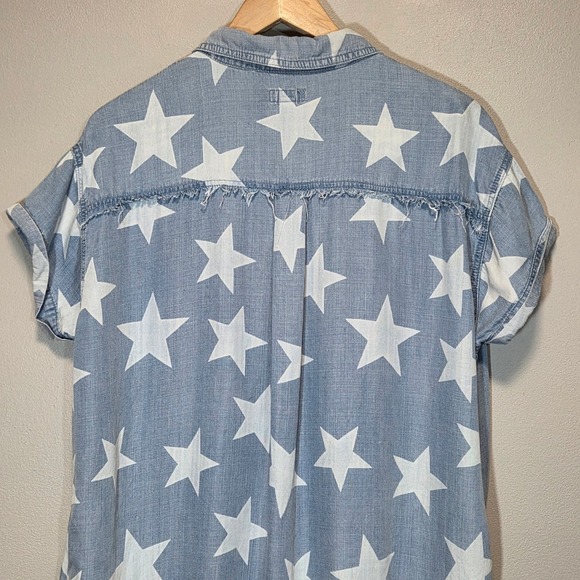Easel Star Print Chambray Denim Midi Dress Frayed Hem Americana Western Size S - Picture 13 of 13